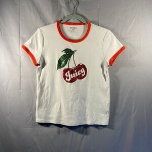 Juicy Couture Girls White Cherry Sequin Ringer T Shirt Size M